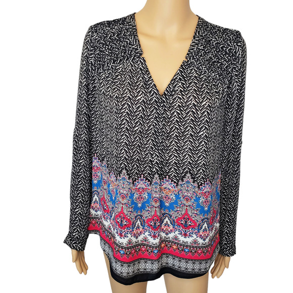 2/$30 Black Rainn Printed Blouse Long Sleeve Blouse Lightweight Medium - Picture 1 of 12